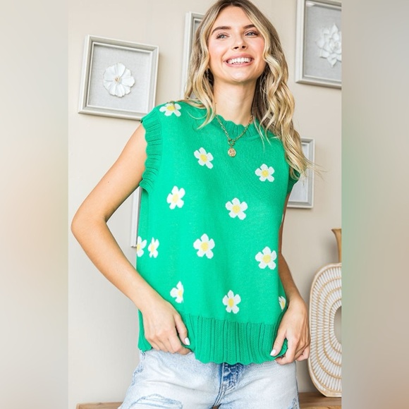 First Love Full Size Flower Pattern Round Neck Sweater Vest - Picture 5 of 5